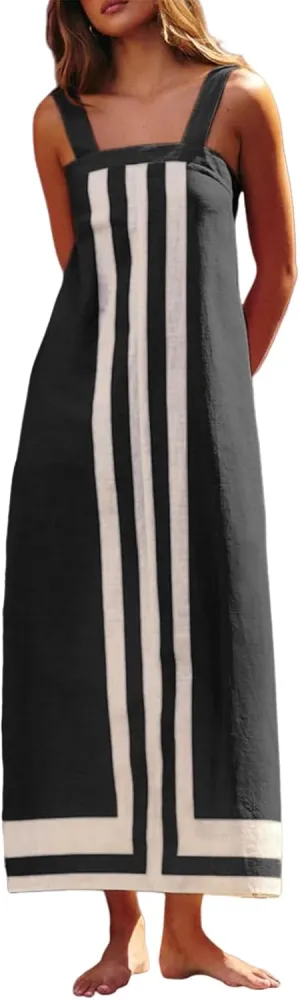 Women Casual Bohe Floral Dress Summer Casual Color Block Beach Sundress Shoulder Strap Vacation Maxi Dress Coverups