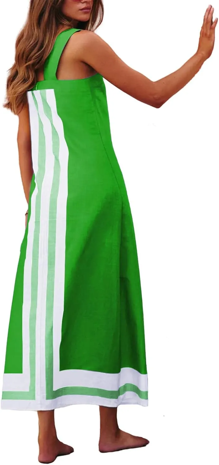 Women Casual Bohe Floral Dress Summer Casual Color Block Beach Sundress Shoulder Strap Vacation Maxi Dress Coverups