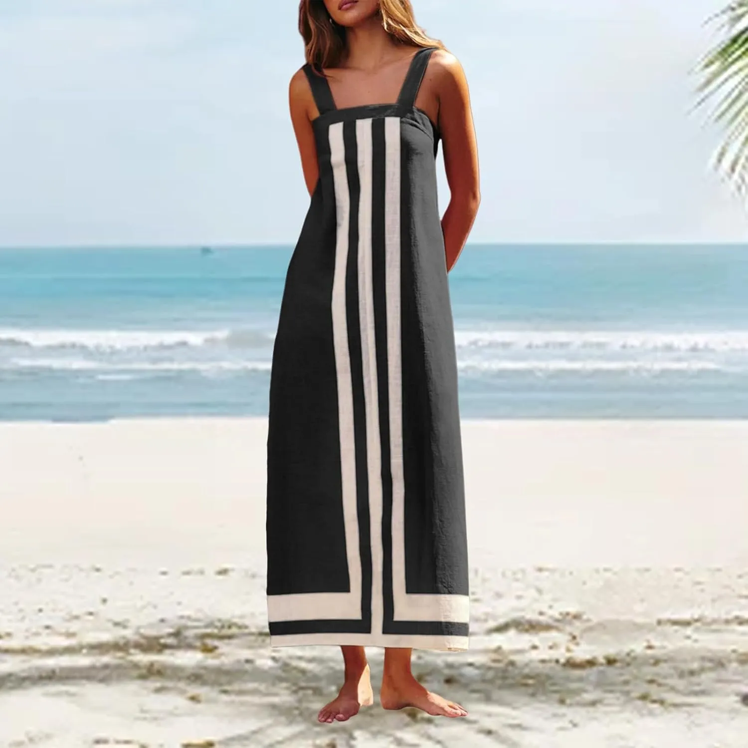 Women Casual Bohe Floral Dress Summer Casual Color Block Beach Sundress Shoulder Strap Vacation Maxi Dress Coverups
