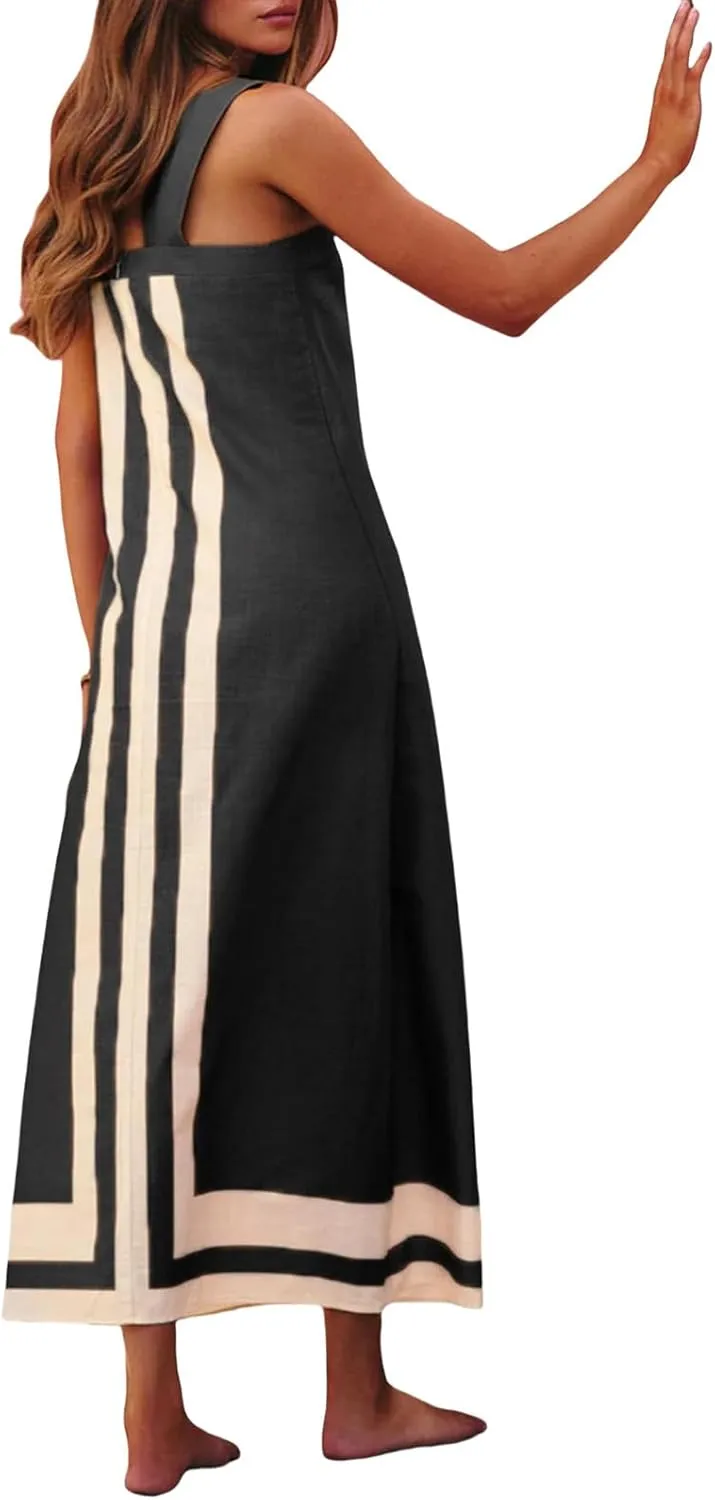Women Casual Bohe Floral Dress Summer Casual Color Block Beach Sundress Shoulder Strap Vacation Maxi Dress Coverups