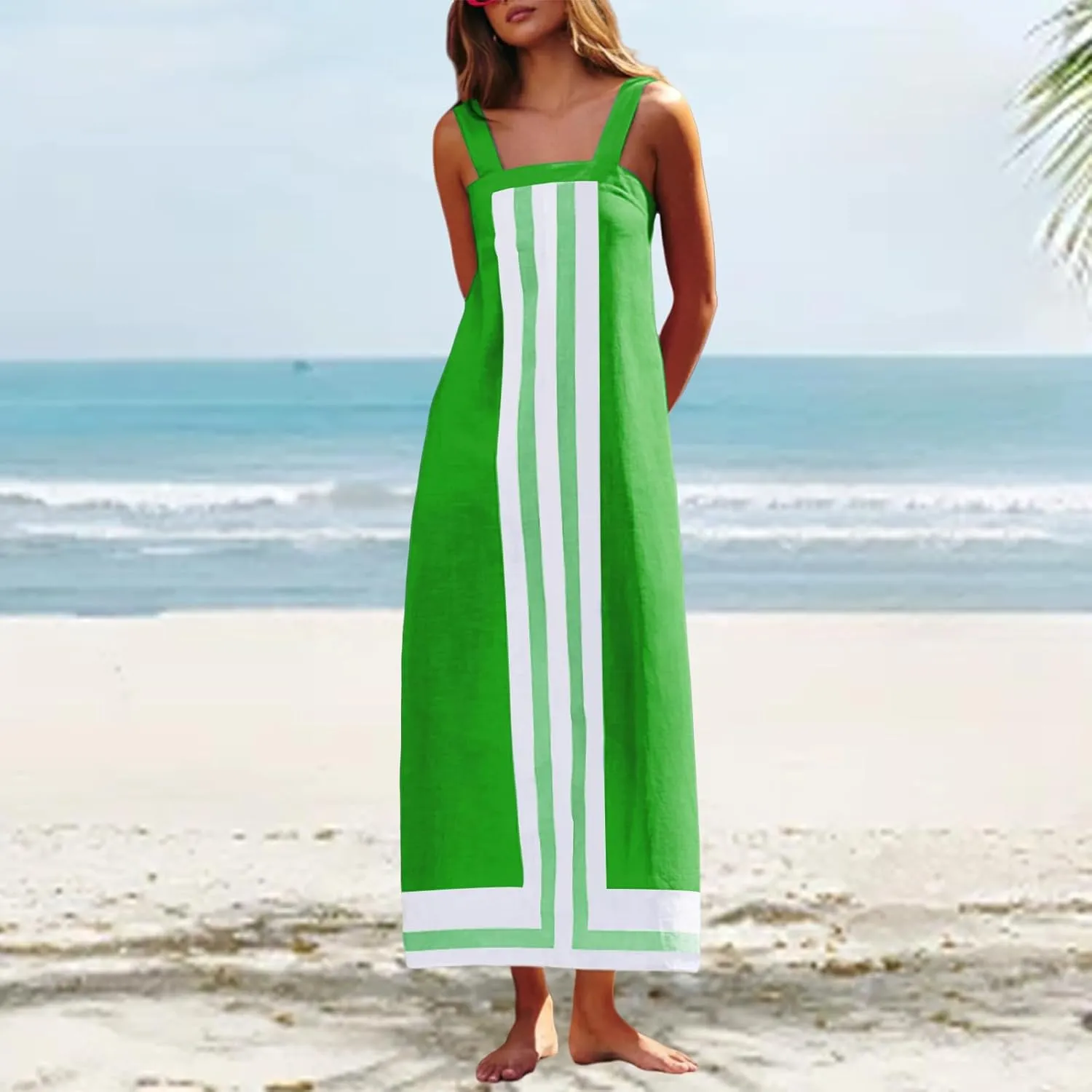 Women Casual Bohe Floral Dress Summer Casual Color Block Beach Sundress Shoulder Strap Vacation Maxi Dress Coverups