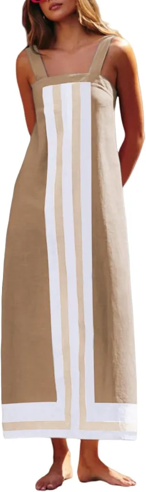 Women Casual Bohe Floral Dress Summer Casual Color Block Beach Sundress Shoulder Strap Vacation Maxi Dress Coverups