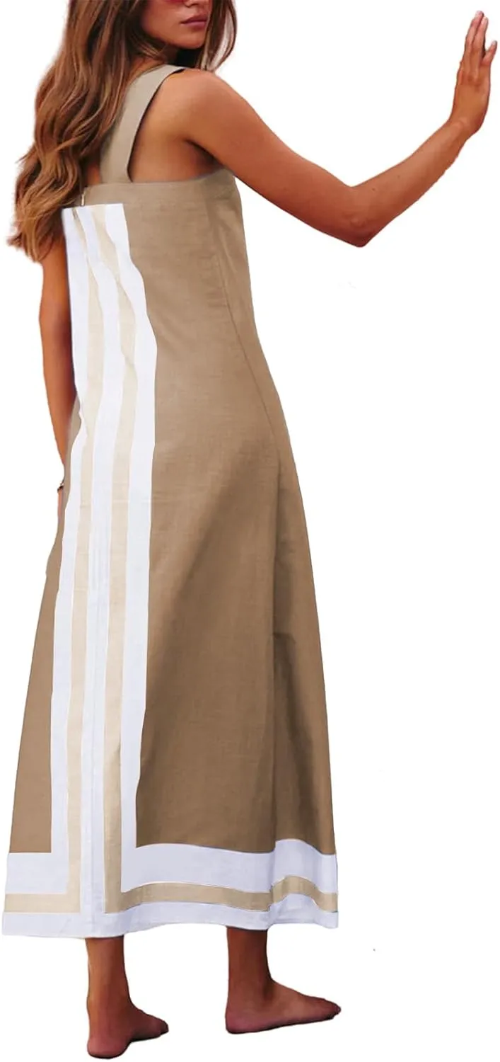 Women Casual Bohe Floral Dress Summer Casual Color Block Beach Sundress Shoulder Strap Vacation Maxi Dress Coverups