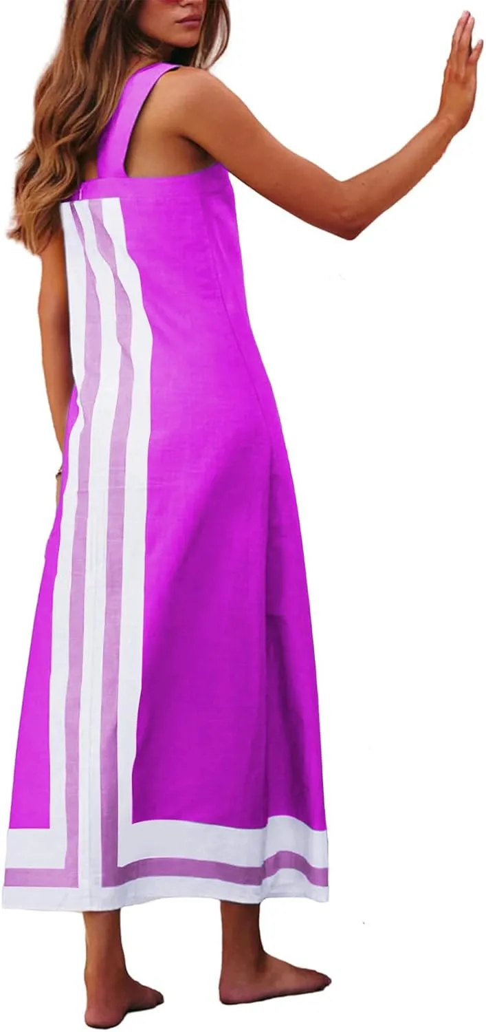 Women Casual Bohe Floral Dress Summer Casual Color Block Beach Sundress Shoulder Strap Vacation Maxi Dress Coverups