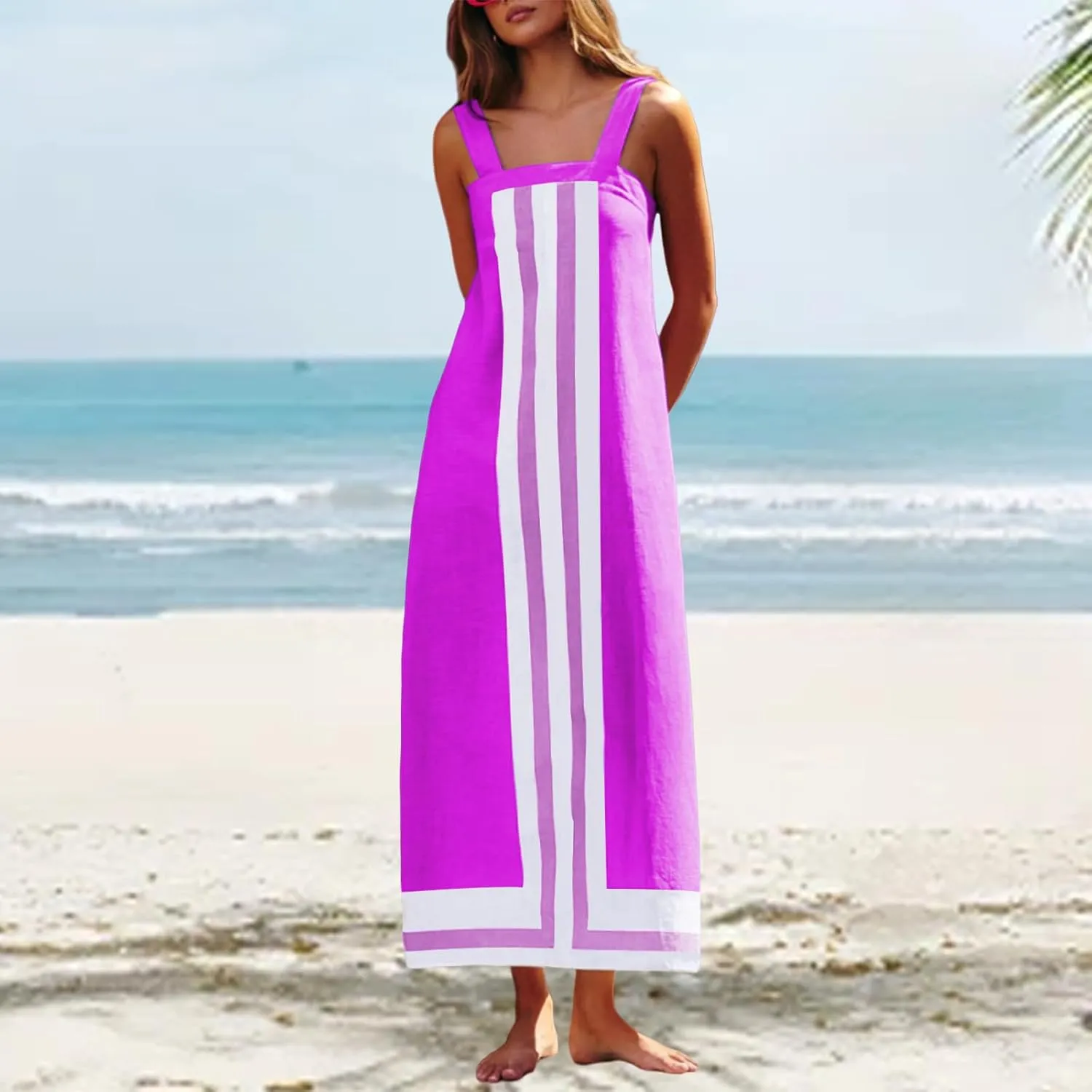 Women Casual Bohe Floral Dress Summer Casual Color Block Beach Sundress Shoulder Strap Vacation Maxi Dress Coverups