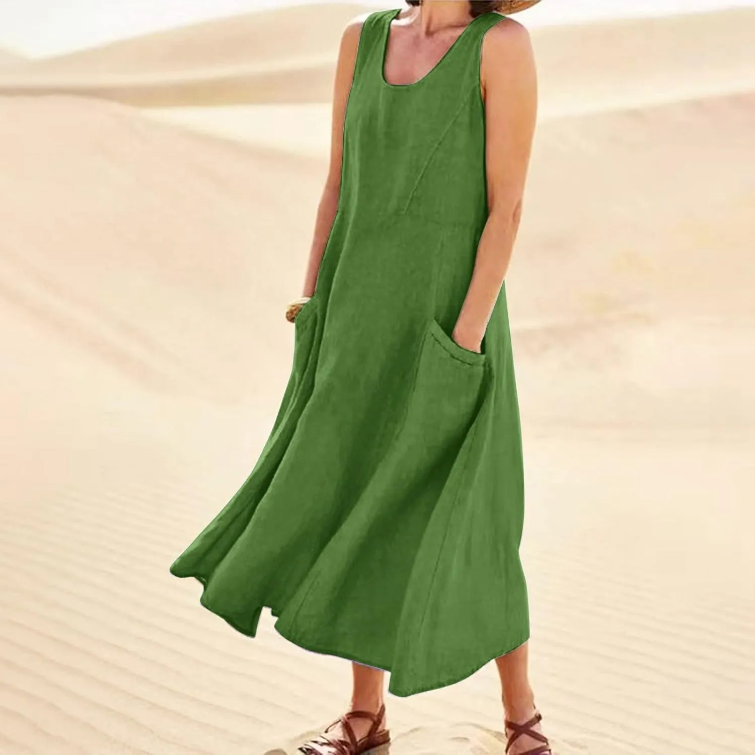 Women Casual Loose Sundresd Women's Summer Casual Sleeveless Long Maxi Beach Dress Vestido De Lino para Flowy Cotton