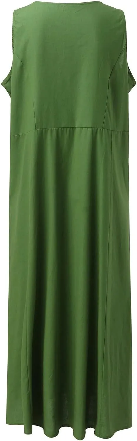 Women Casual Loose Sundresd Women's Summer Casual Sleeveless Long Maxi Beach Dress Vestido De Lino para Flowy Cotton