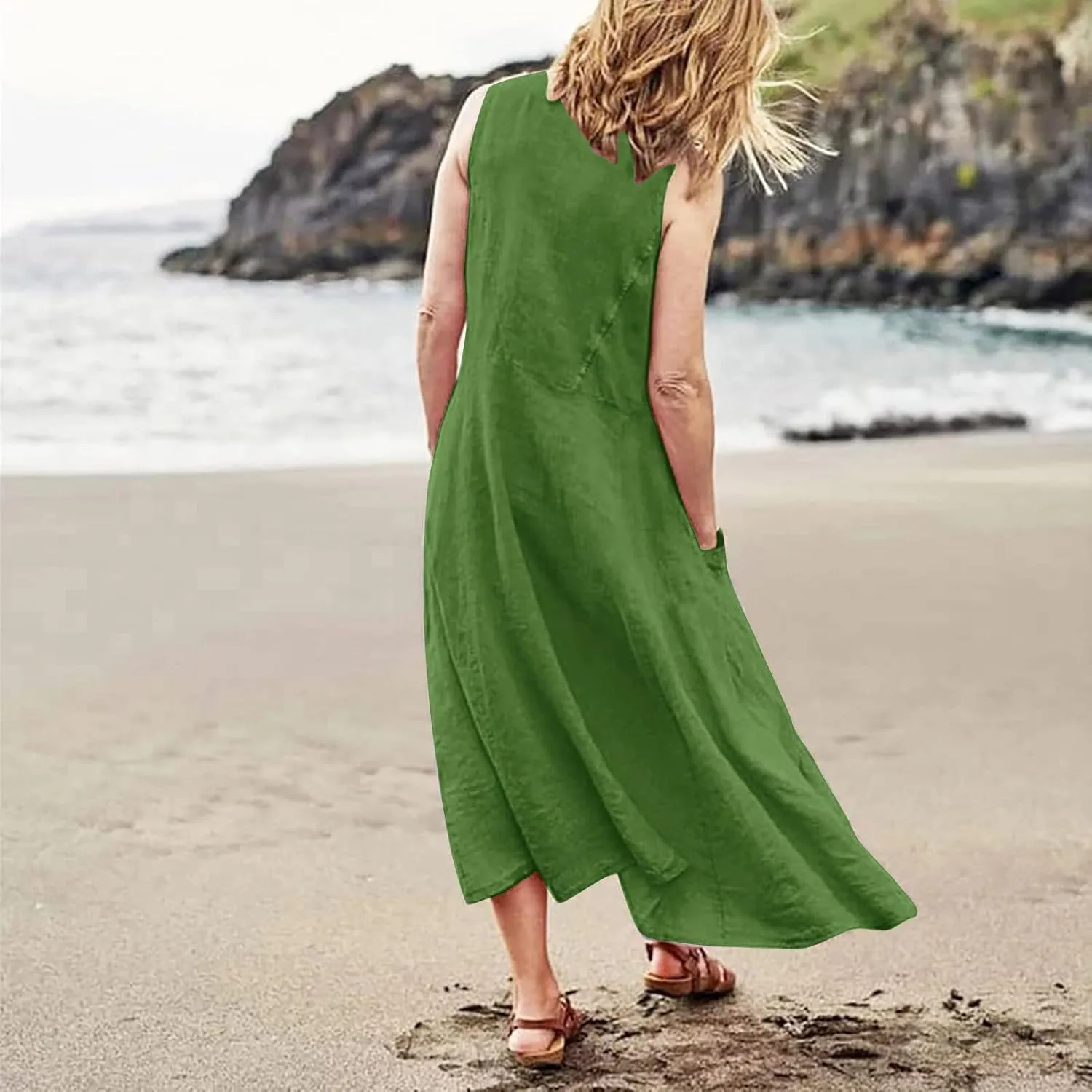 Women Casual Loose Sundresd Women's Summer Casual Sleeveless Long Maxi Beach Dress Vestido De Lino para Flowy Cotton