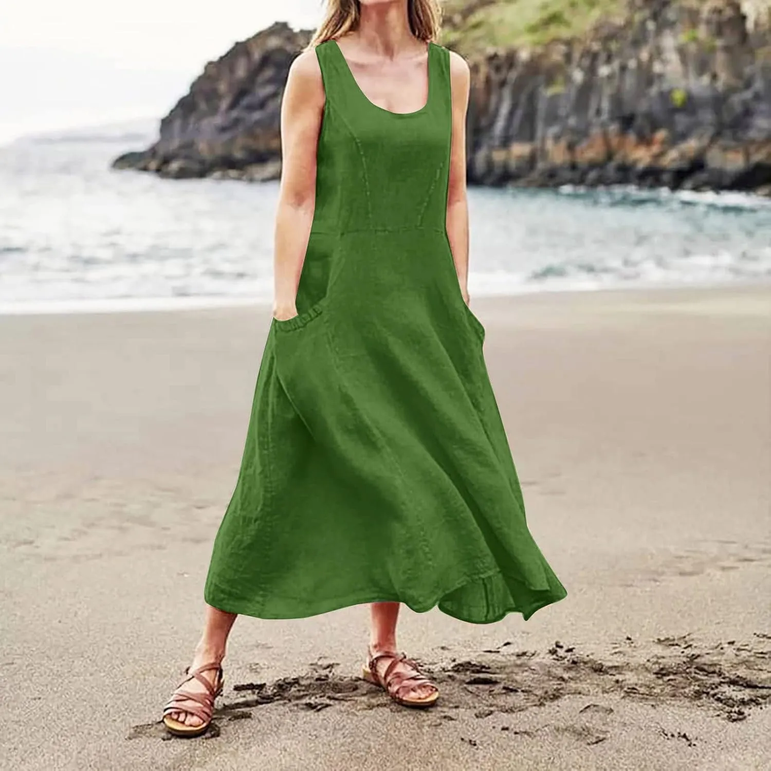 Women Casual Loose Sundresd Women's Summer Casual Sleeveless Long Maxi Beach Dress Vestido De Lino para Flowy Cotton
