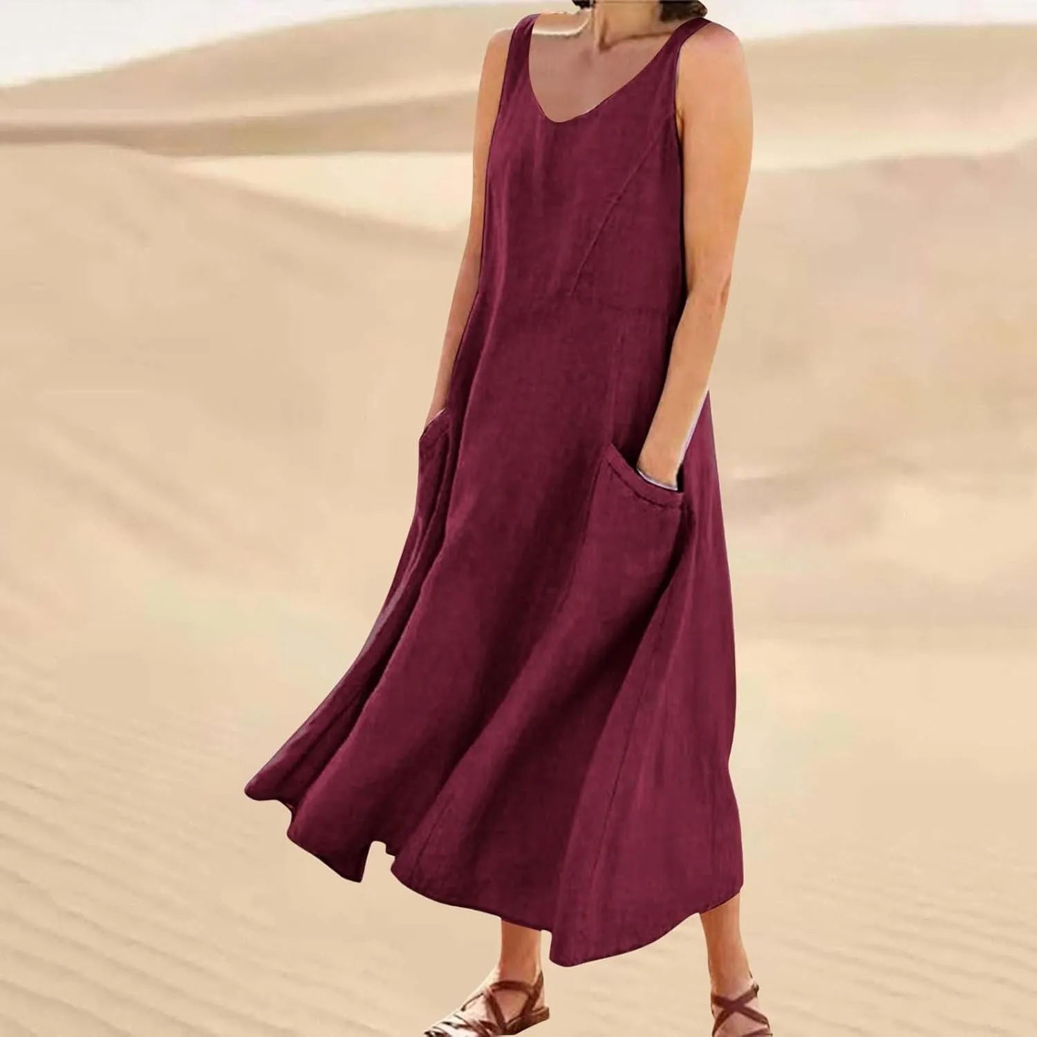 Women Casual Loose Sundresd Women's Summer Casual Sleeveless Long Maxi Beach Dress Vestido De Lino para Flowy Cotton