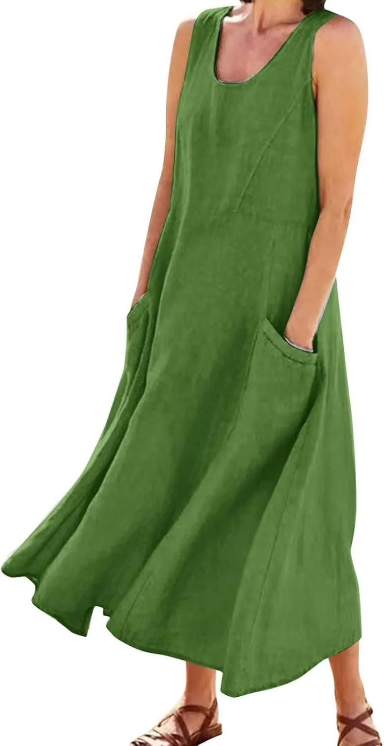 Women Casual Loose Sundresd Women's Summer Casual Sleeveless Long Maxi Beach Dress Vestido De Lino para Flowy Cotton