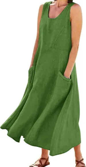 Women Casual Loose Sundresd Women's Summer Casual Sleeveless Long Maxi Beach Dress Vestido De Lino para Flowy Cotton