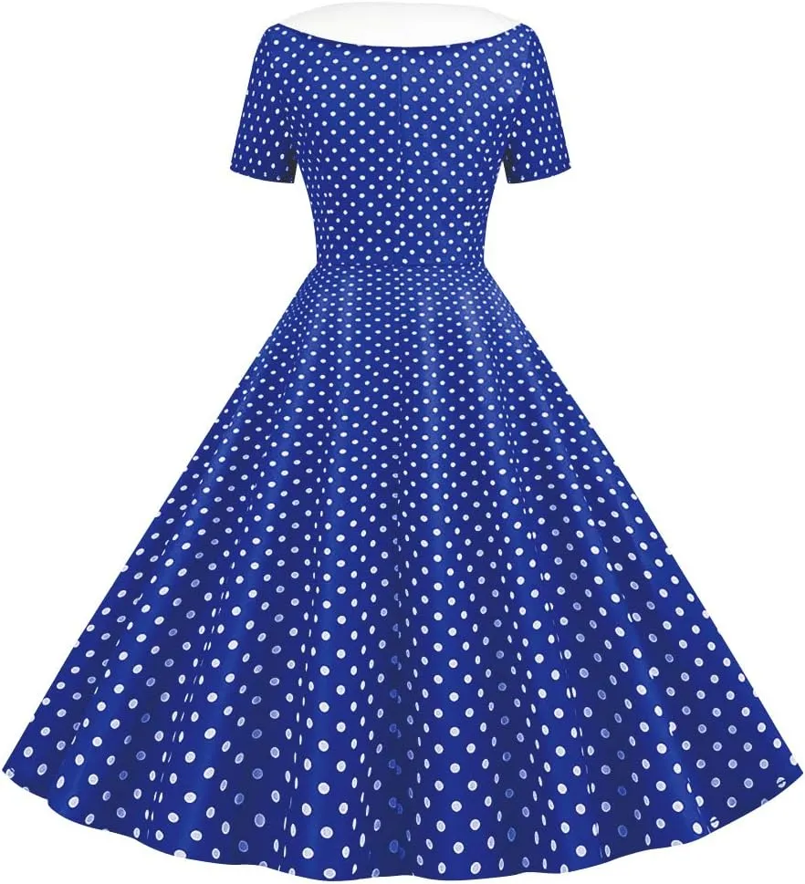 Women Double Breasted Notch Lapel 50s Vintage Short Sleeve Cocktail Swing Dress Polka Dot 1950s Rockabilly Prom Midi Dress