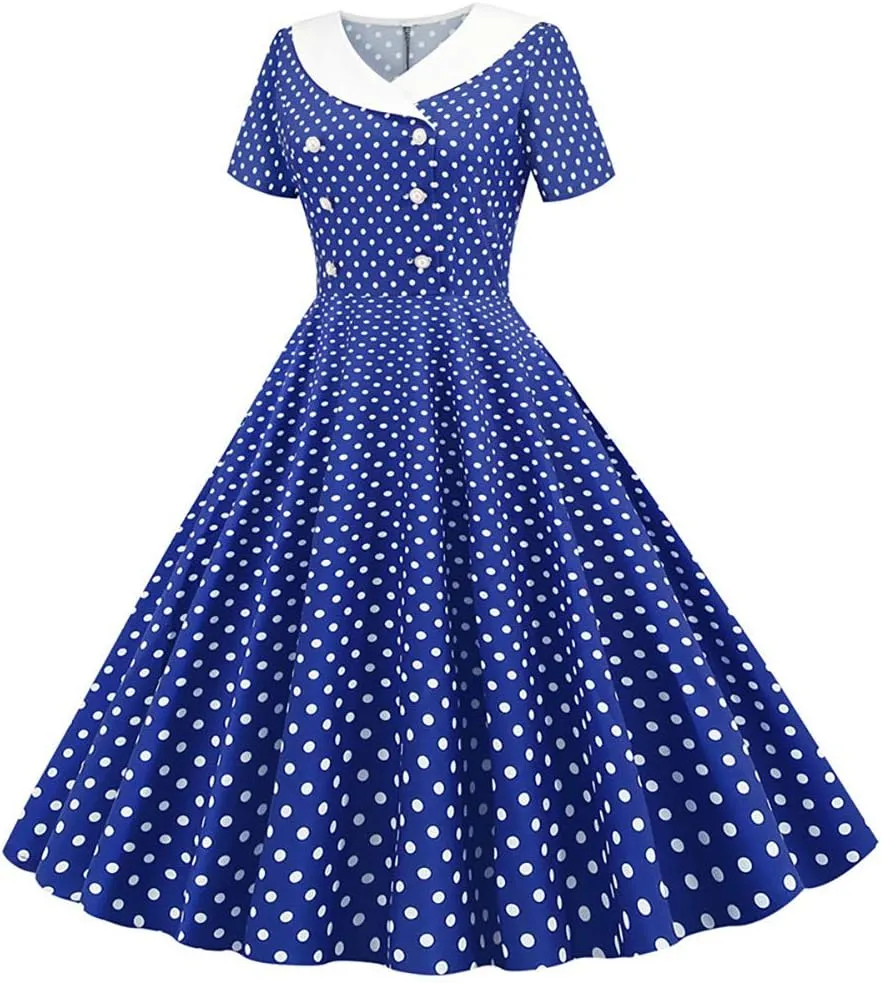 Women Double Breasted Notch Lapel 50s Vintage Short Sleeve Cocktail Swing Dress Polka Dot 1950s Rockabilly Prom Midi Dress