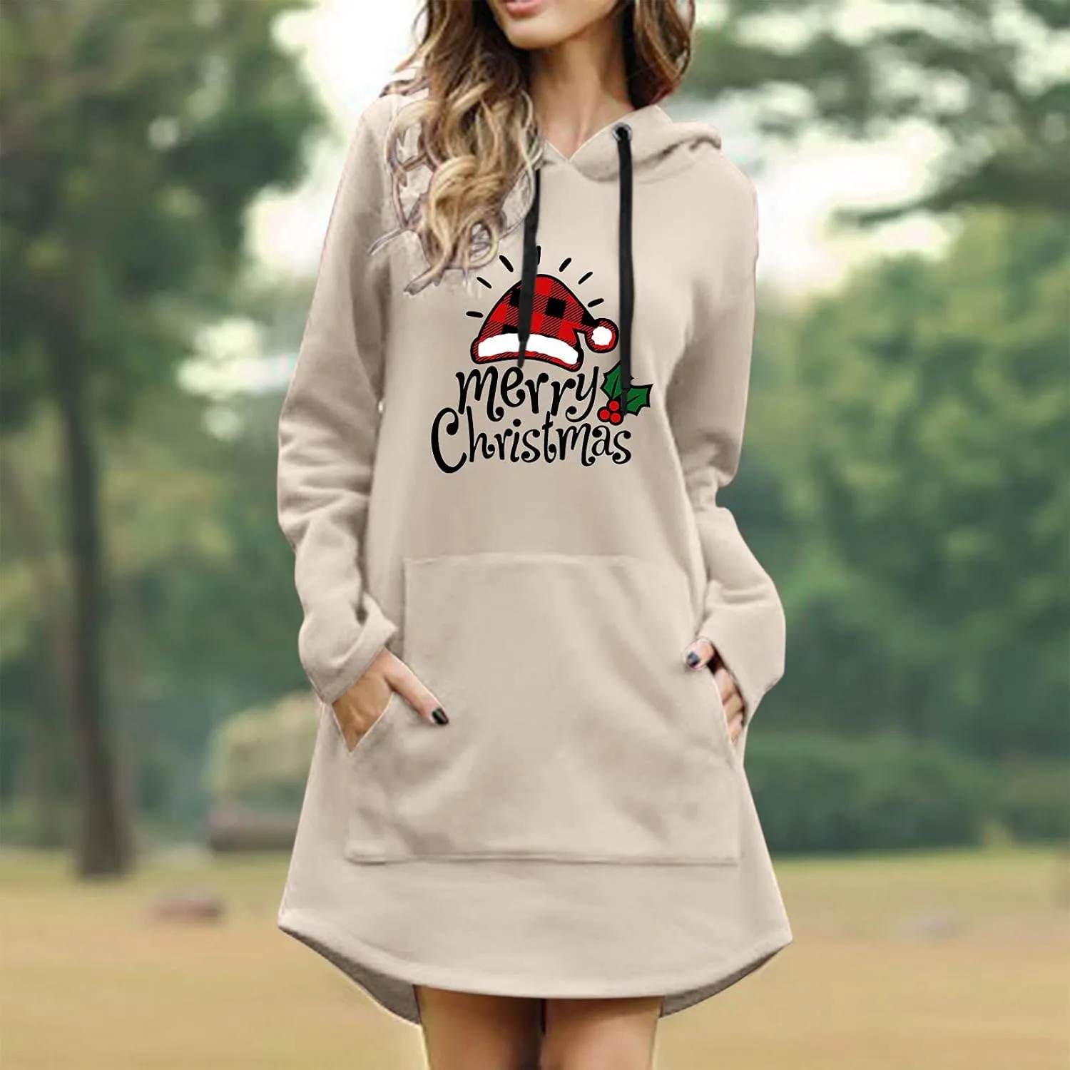 Women Drawstring Hoodie Dress Christmas Print Casual Long Sleeve Loose Lightweight Hooded Sweatshirts Jumper Dress