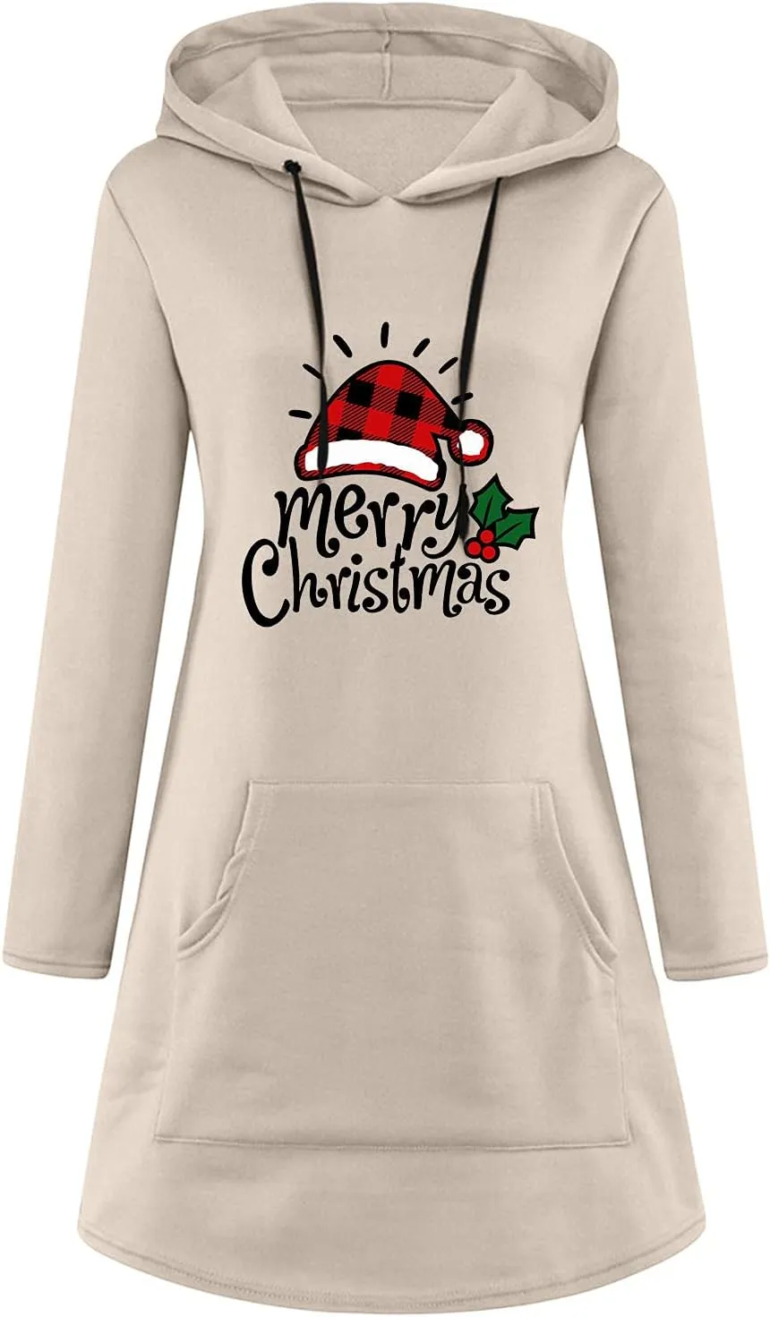 Women Drawstring Hoodie Dress Christmas Print Casual Long Sleeve Loose Lightweight Hooded Sweatshirts Jumper Dress