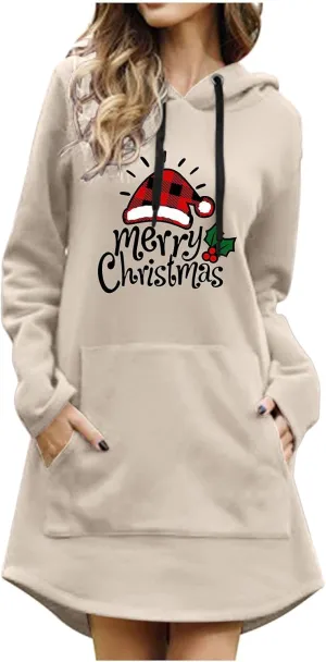 Women Drawstring Hoodie Dress Christmas Print Casual Long Sleeve Loose Lightweight Hooded Sweatshirts Jumper Dress