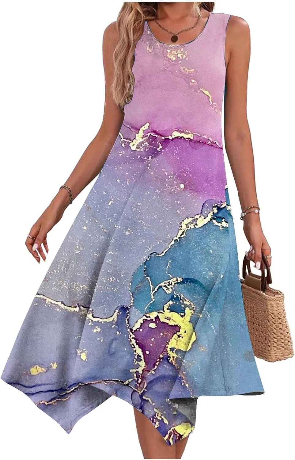 Women Flowy Dresses Casual Knee Length Plus Size Sun Dress Casual Beach Floral Vacation Dresses 2024 with Procket