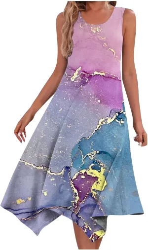 Women Flowy Dresses Casual Knee Length Plus Size Sun Dress Casual Beach Floral Vacation Dresses 2024 with Procket