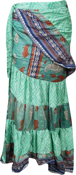 Women Frill Boho Wrap Skirt, Green Printed Ruffle Wrap Skirt, Tiered Maxi Wrap Skirts, One Size
