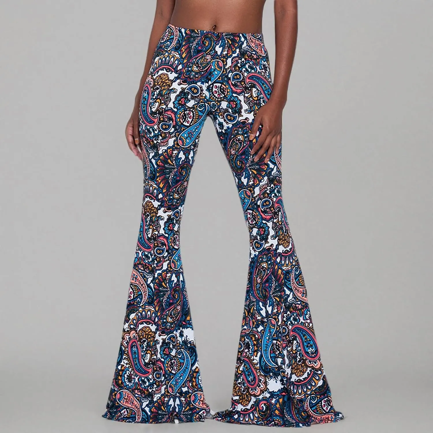 Women High Waisted Fit Flare Ethnic Paisley Floral Bell Bottoms Yoga Pants Flared Leggings