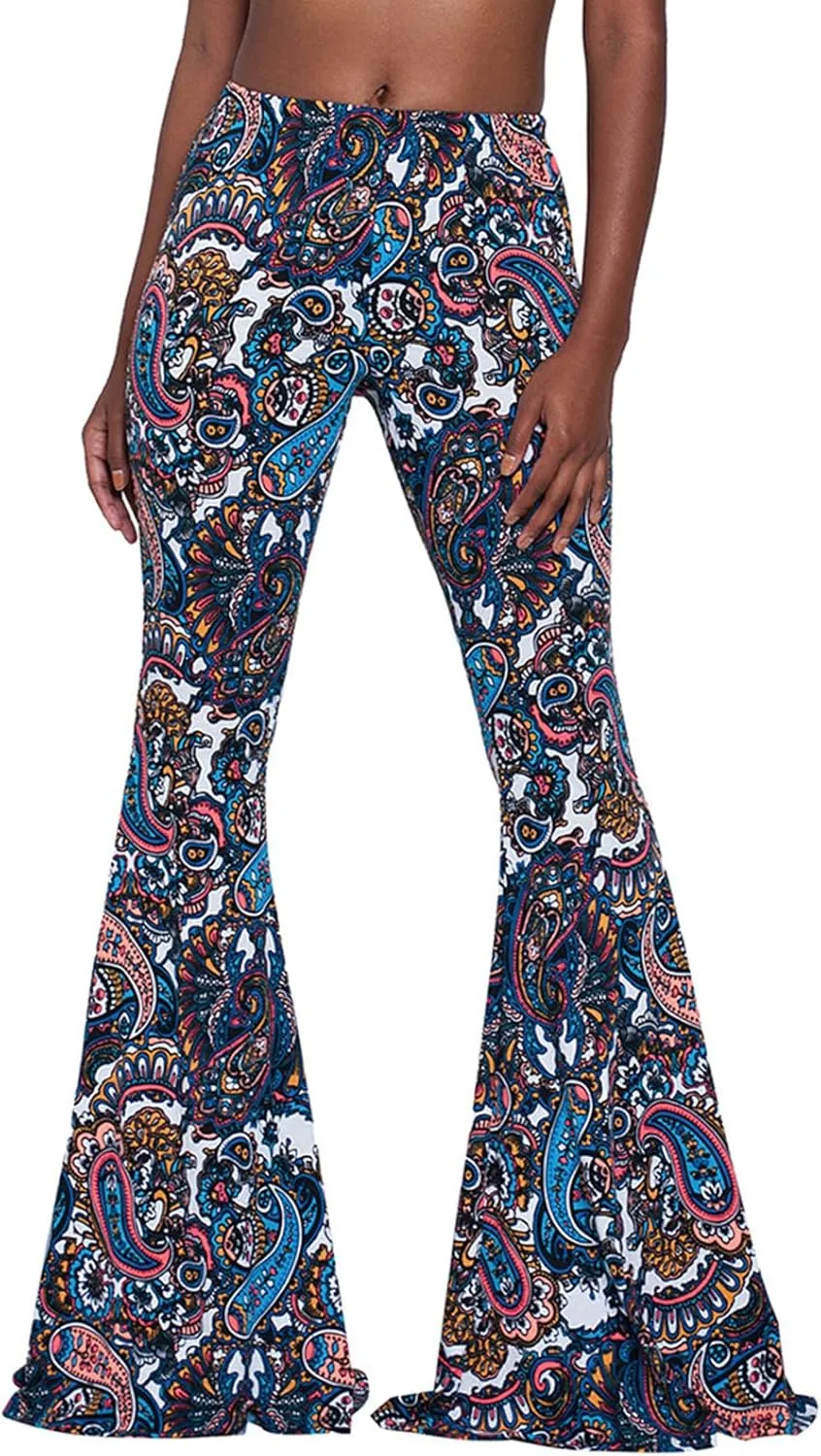 Women High Waisted Fit Flare Ethnic Paisley Floral Bell Bottoms Yoga Pants Flared Leggings