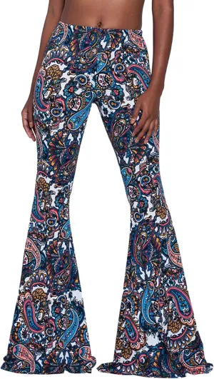 Women High Waisted Fit Flare Ethnic Paisley Floral Bell Bottoms Yoga Pants Flared Leggings