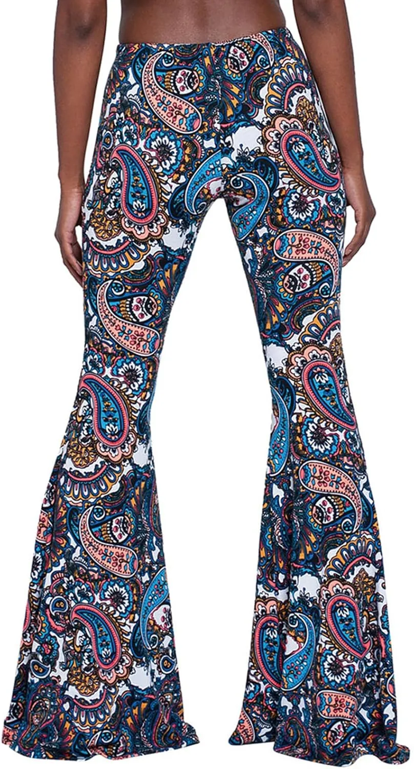 Women High Waisted Fit Flare Ethnic Paisley Floral Bell Bottoms Yoga Pants Flared Leggings