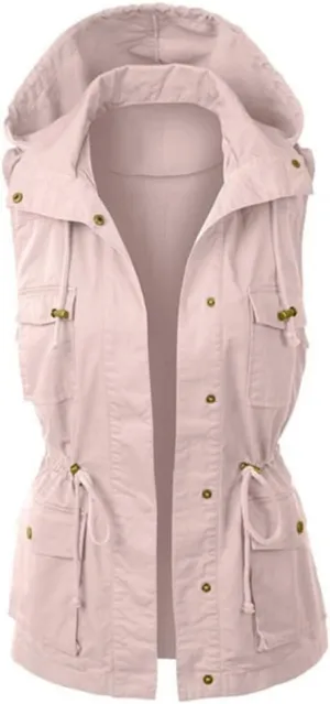 Women Military Safari Vest Utility Lightweight Sleeveless Hooded Drawstring Jackets with Pockets