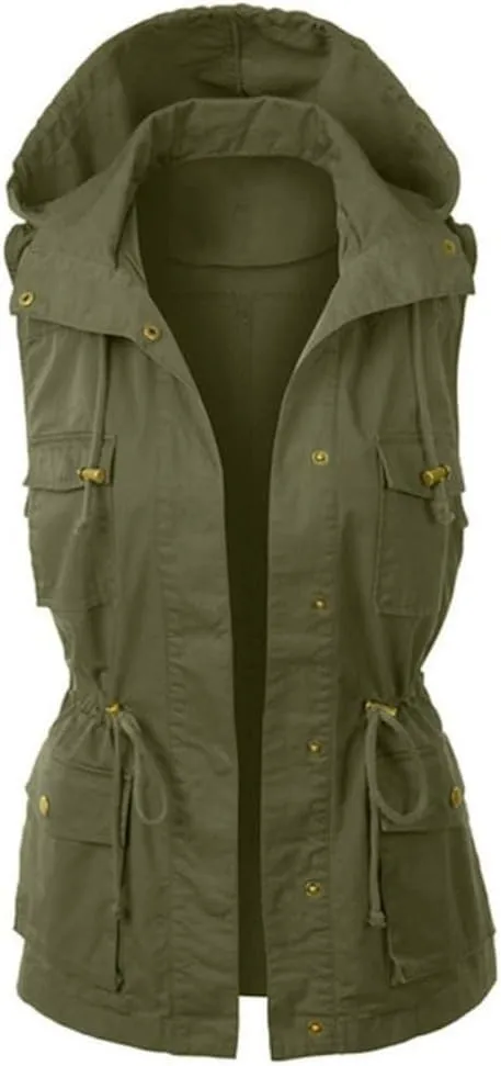 Women Military Safari Vest Utility Lightweight Sleeveless Hooded Drawstring Jackets with Pockets