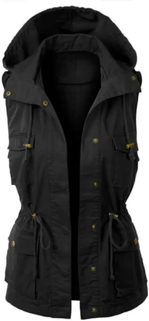 Women Military Safari Vest Utility Lightweight Sleeveless Hooded Drawstring Jackets with Pockets