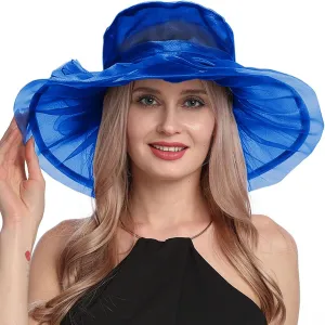 Women Organza Church Derby Hat Wide Brim Sun Caps for Wedding Tea Party Elegant Wedding Hat Wide Brim Fascinator