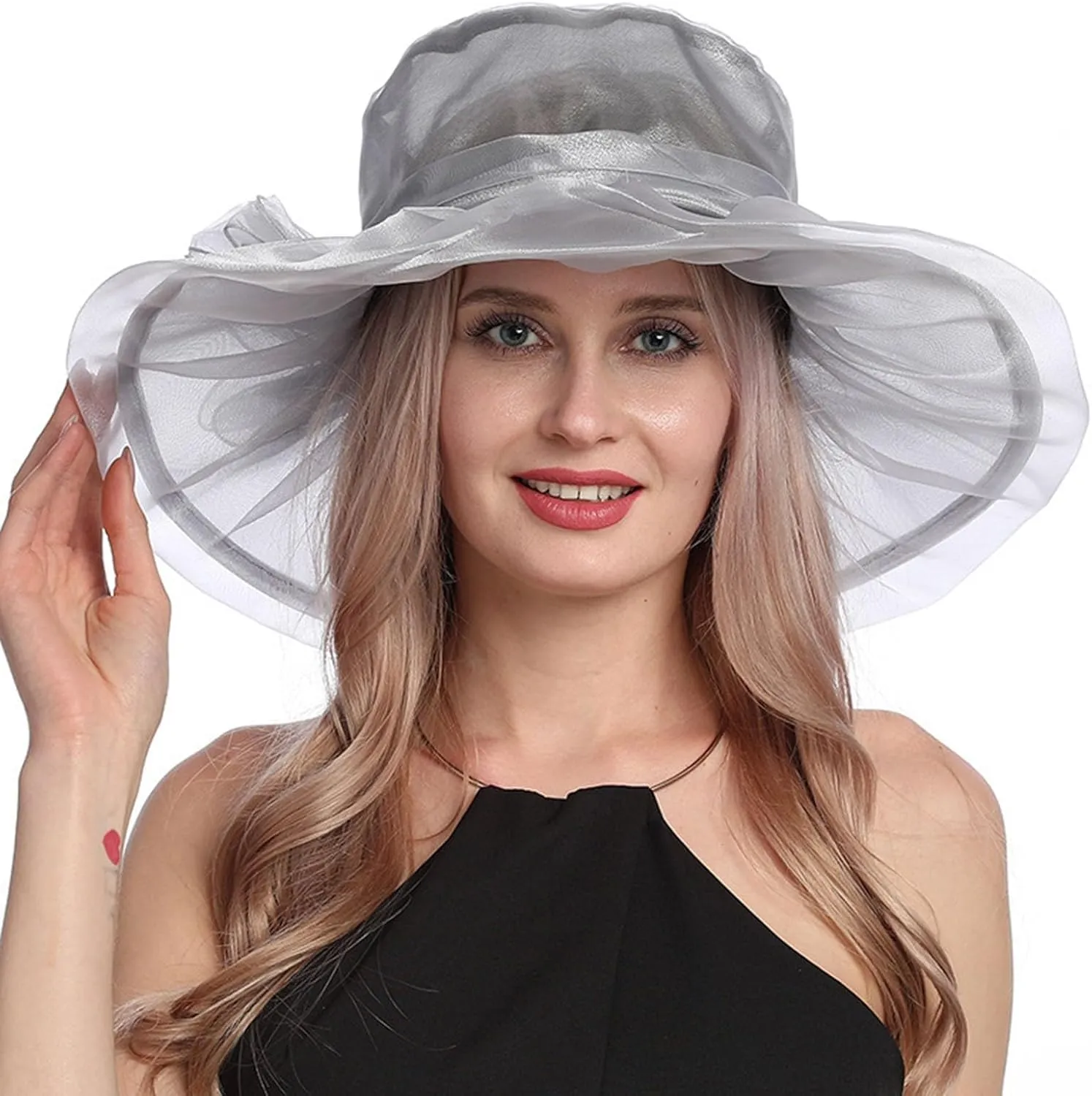 Women Organza Church Derby Hat Wide Brim Sun Caps for Wedding Tea Party Elegant Wedding Hat Wide Brim Fascinator