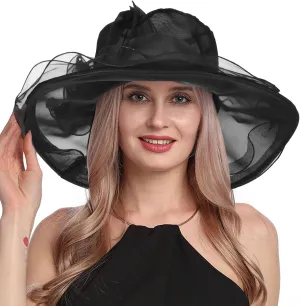 Women Organza Church Derby Hat Wide Brim Sun Caps for Wedding Tea Party Elegant Wedding Hat Wide Brim Fascinator