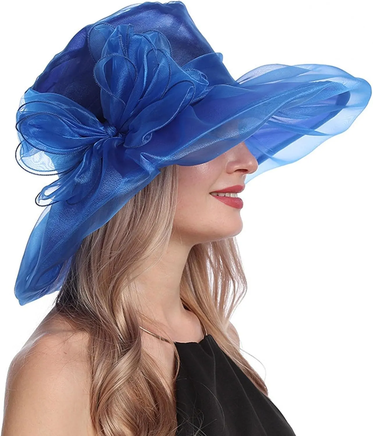 Women Organza Church Derby Hat Wide Brim Sun Caps for Wedding Tea Party Elegant Wedding Hat Wide Brim Fascinator