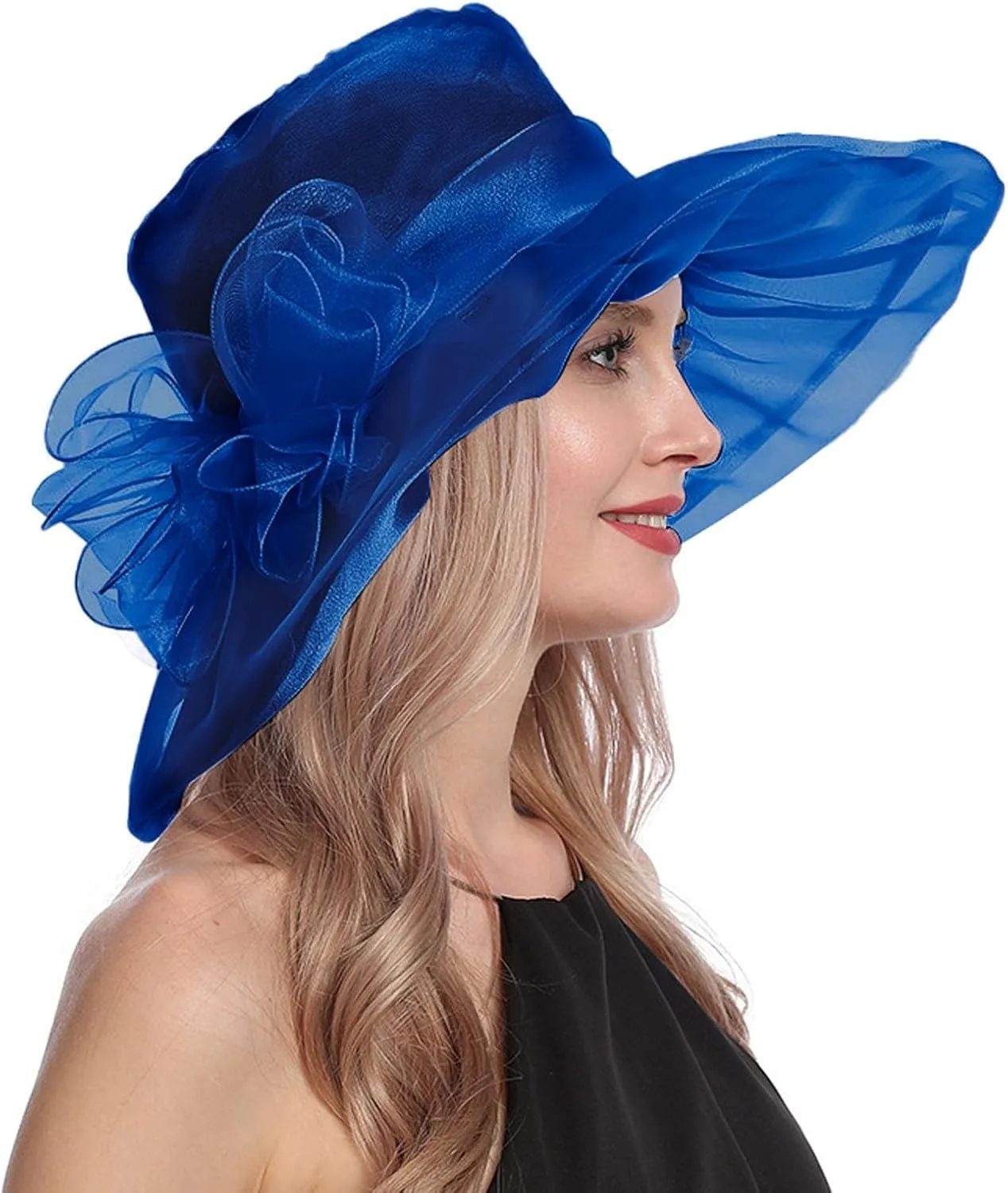 Women Organza Church Derby Hat Wide Brim Sun Caps for Wedding Tea Party Elegant Wedding Hat Wide Brim Fascinator