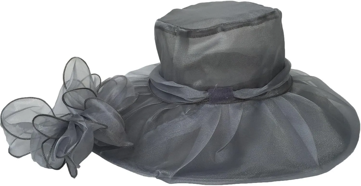 Women Organza Church Derby Hat Wide Brim Sun Caps for Wedding Tea Party Elegant Wedding Hat Wide Brim Fascinator