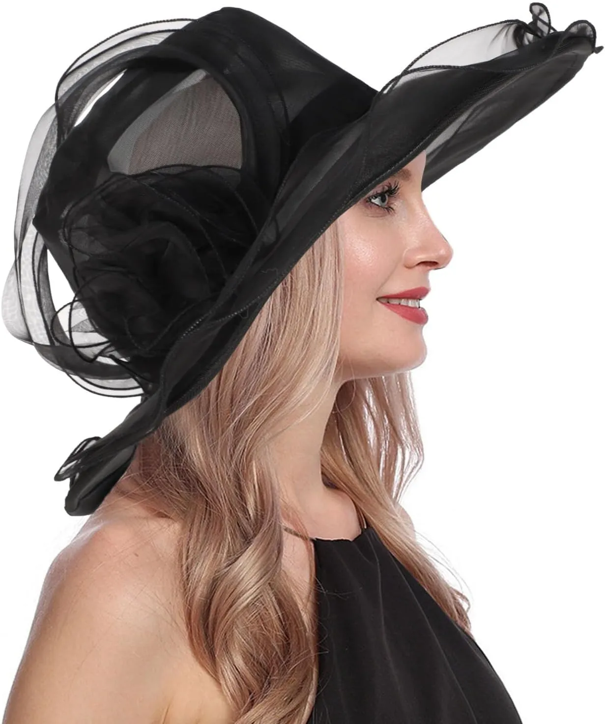 Women Organza Church Derby Hat Wide Brim Sun Caps for Wedding Tea Party Elegant Wedding Hat Wide Brim Fascinator
