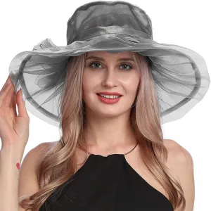 Women Organza Church Derby Hat Wide Brim Sun Caps for Wedding Tea Party Elegant Wedding Hat Wide Brim Fascinator