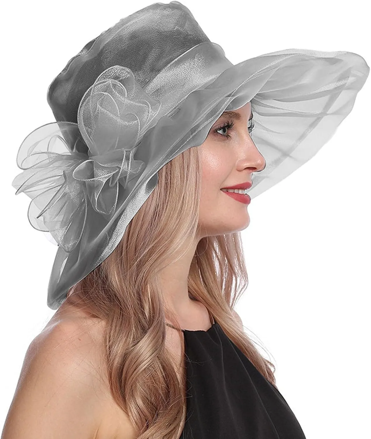Women Organza Church Derby Hat Wide Brim Sun Caps for Wedding Tea Party Elegant Wedding Hat Wide Brim Fascinator