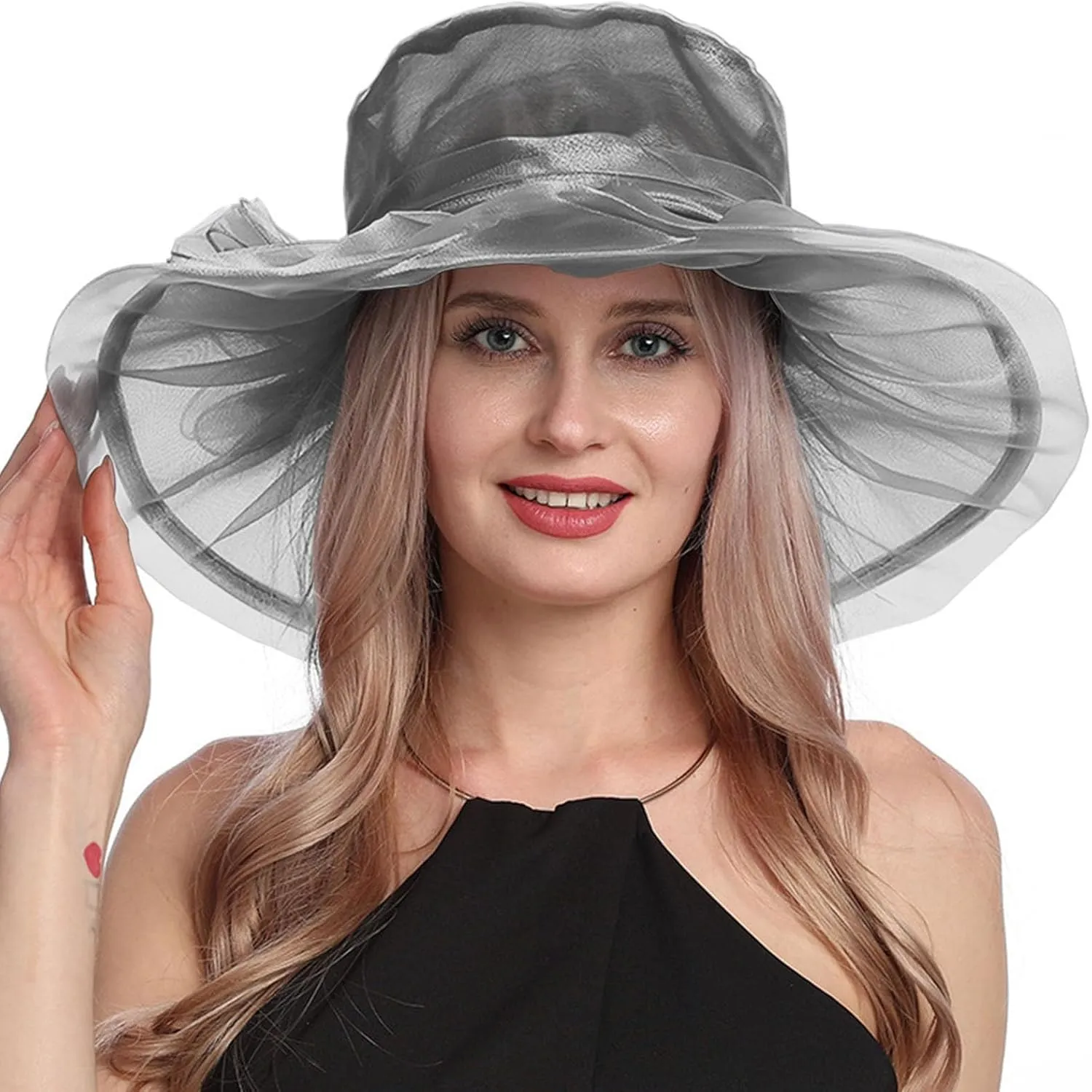 Women Organza Church Derby Hat Wide Brim Sun Caps for Wedding Tea Party Elegant Wedding Hat Wide Brim Fascinator