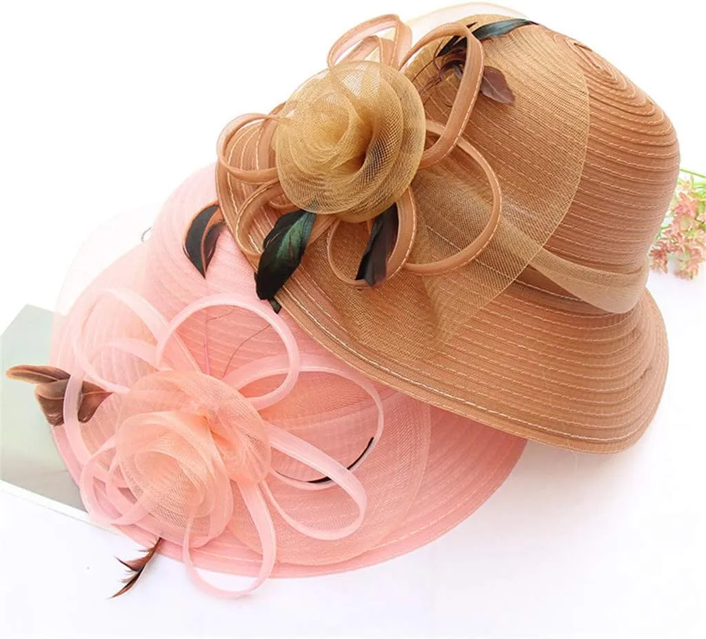 Women Organza Derby Hat Bridal Wedding Church Tea Party Wide Brim Flower Church Wedding Bridal Caps