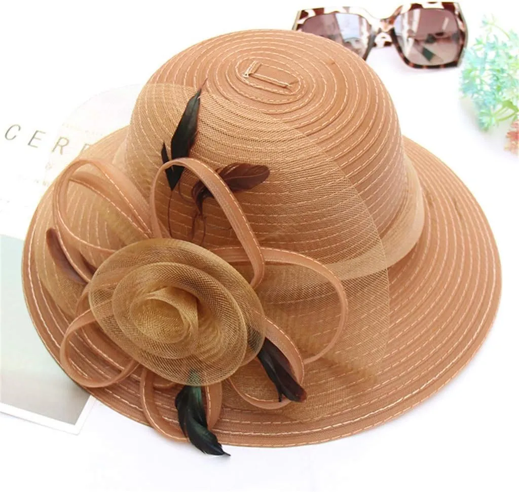Women Organza Derby Hat Bridal Wedding Church Tea Party Wide Brim Flower Church Wedding Bridal Caps