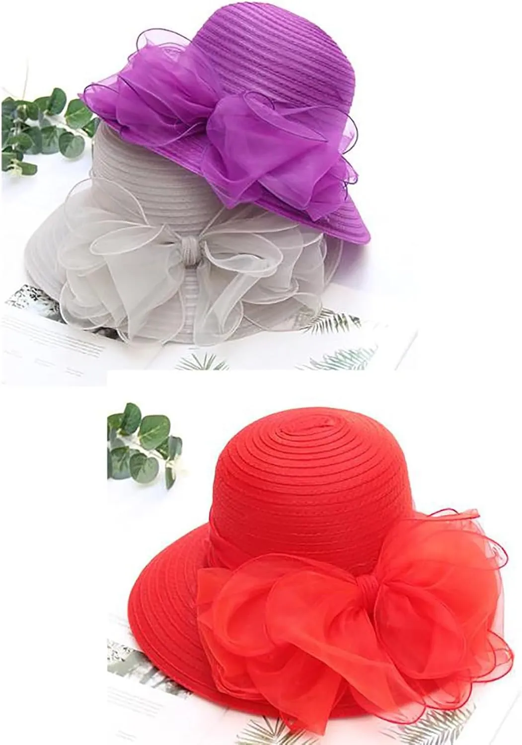 Women Organza Kentucky Church Derby Hat Wedding Occasion Floral Wide Brim Fascinator Dressy Sun UV Protection Cap
