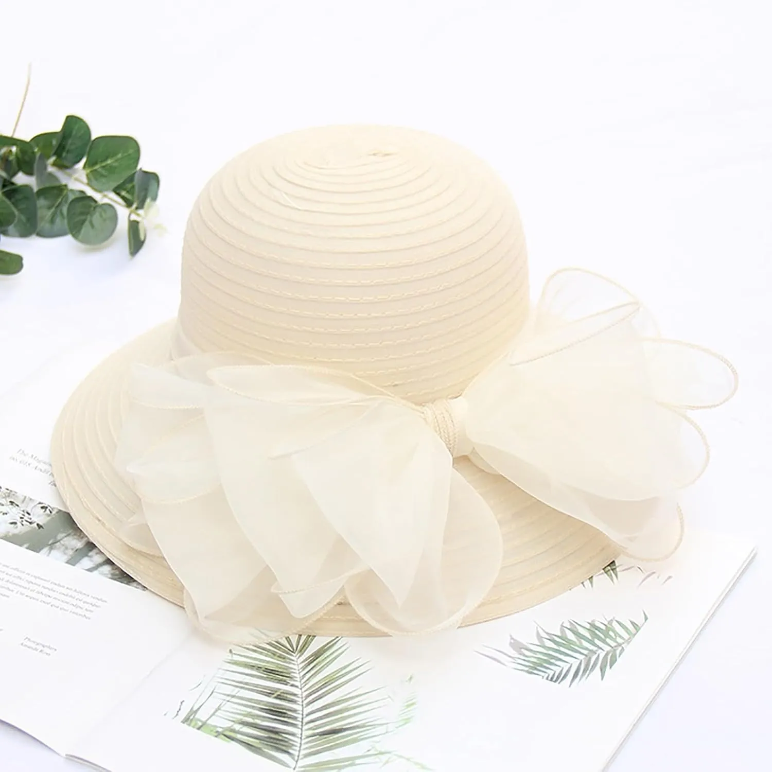 Women Organza Kentucky Church Derby Hat Wedding Occasion Floral Wide Brim Fascinator Dressy Sun UV Protection Cap