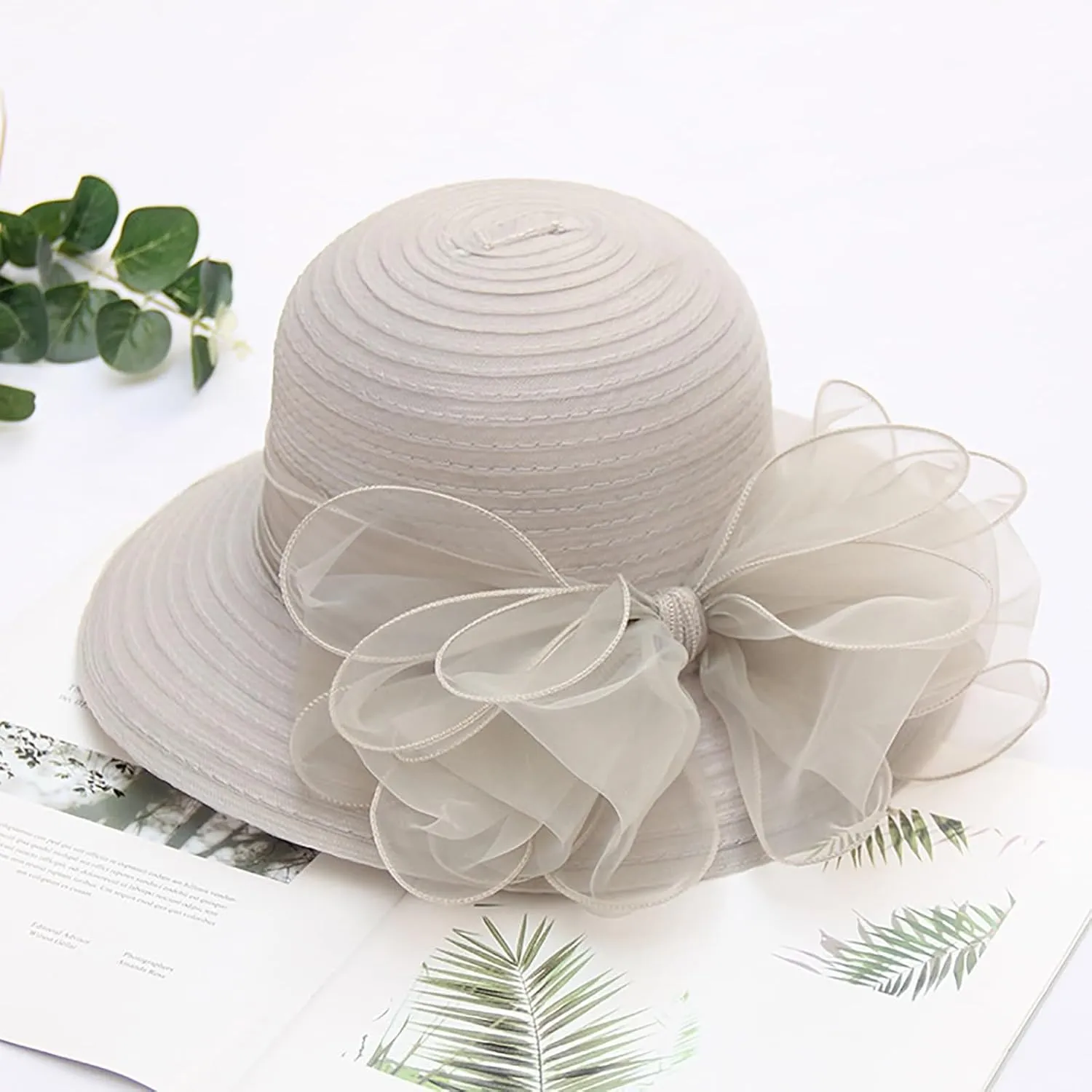 Women Organza Kentucky Church Derby Hat Wedding Occasion Floral Wide Brim Fascinator Dressy Sun UV Protection Cap