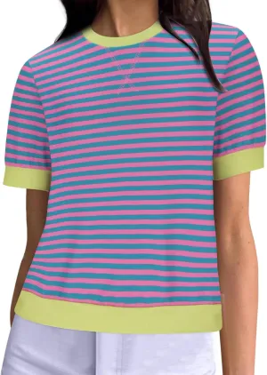 Women Oversized Striped Short Sleeve T-Shirts Color Block Crew Neck Loose Pullover Shirt Trendy Casual Summer Tee Tops