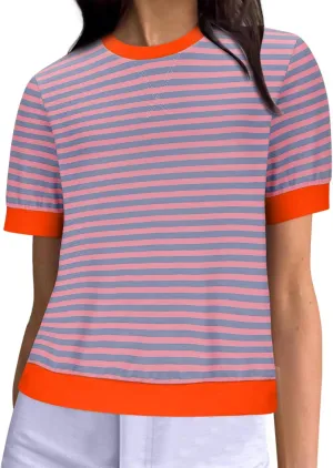 Women Oversized Striped Short Sleeve T-Shirts Color Block Crew Neck Loose Pullover Shirt Trendy Casual Summer Tee Tops
