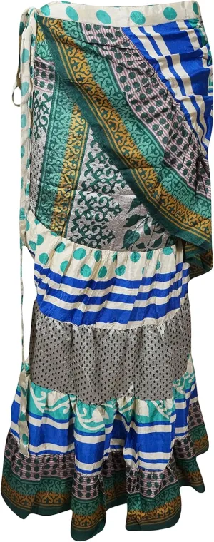 Women Ruffle Wrap Skirt, Tiered Maxi Wrap Skirts, Blue Printed Beach Skirt, One Size