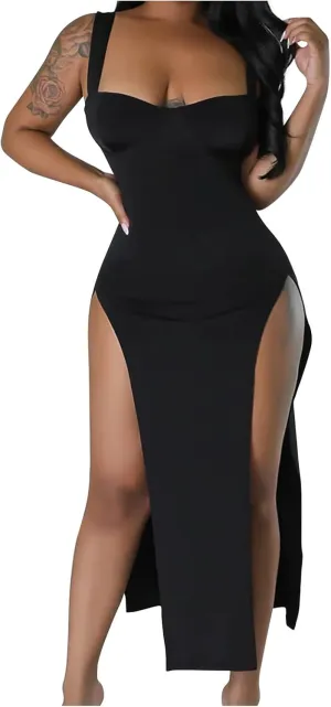 Women Sexy High Split Dress Square Neck Sleeveless Strappy Dresses Ladies Trendy Y2K Bodycon Slit Wrap